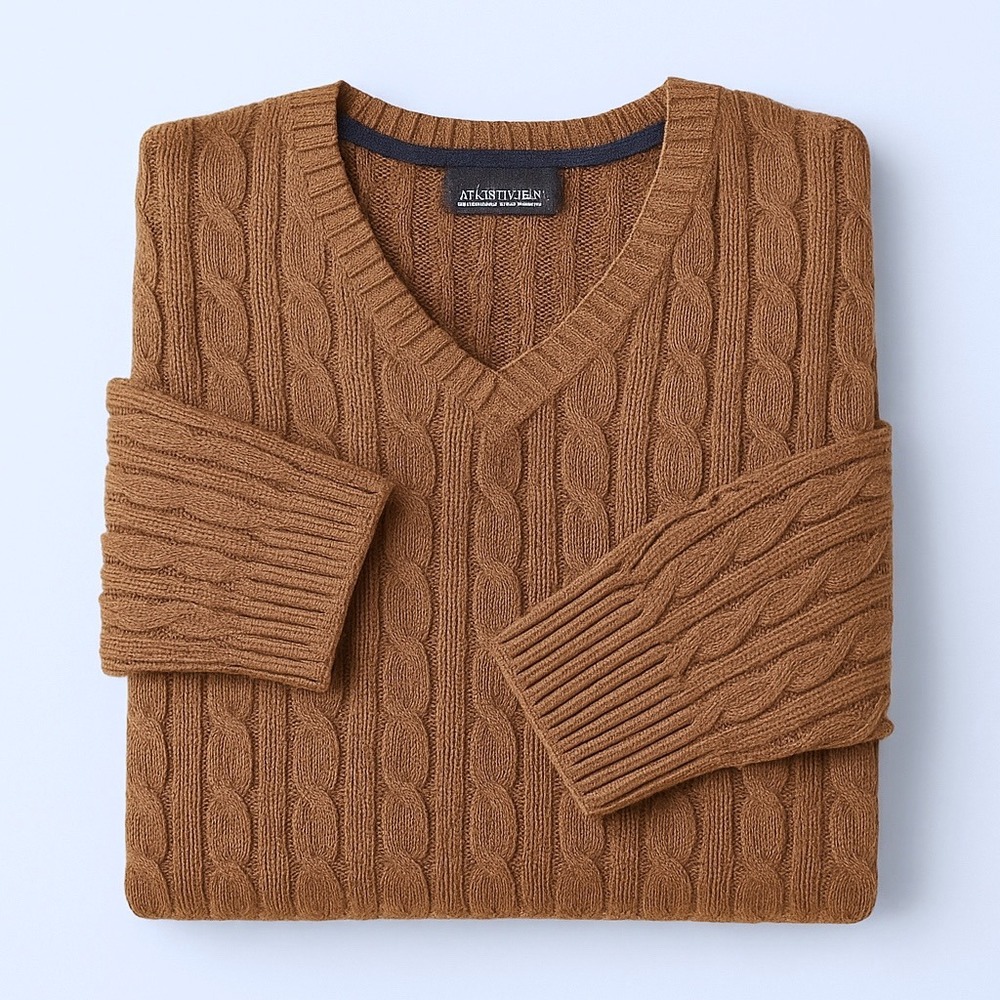 St. John's Bay Mens Cable Knit Sweater Brown Cotton Blend V Neck Classic‎ Medium